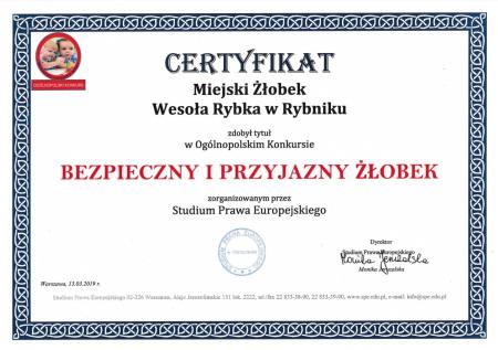 cetyfikat - bezpieczny i przyjazny żłobek